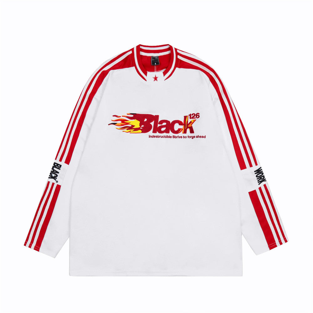 Men Long Sleeve T-shirt Paste Cloth Embroidery V-neck Sports Flame
