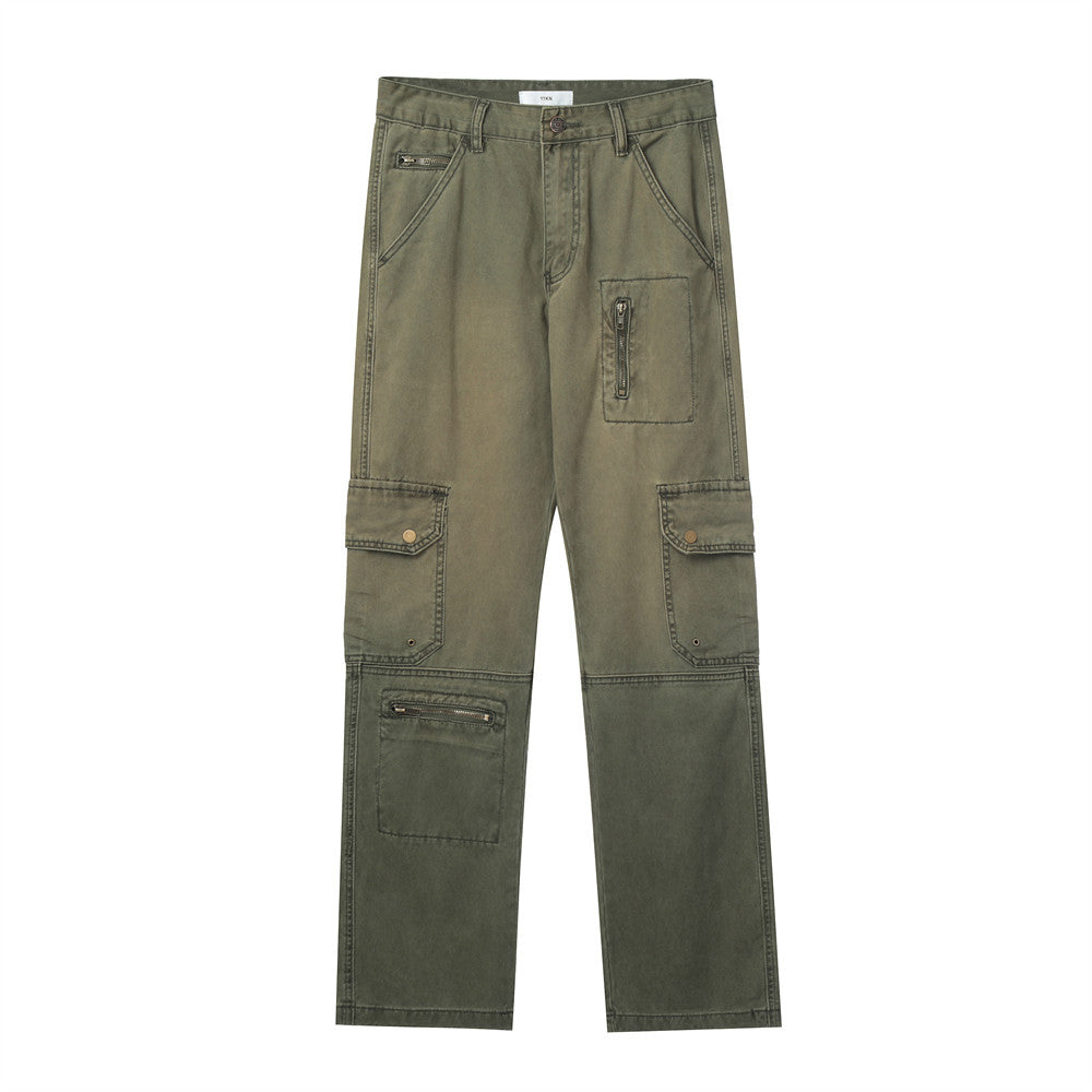 Men Jeans Washed and Worn Loose Cargo Zipper