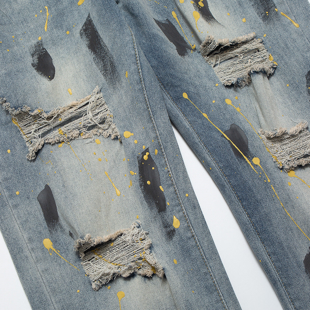 Men Jeans Splash Ink Hole Punk Loose Distressed