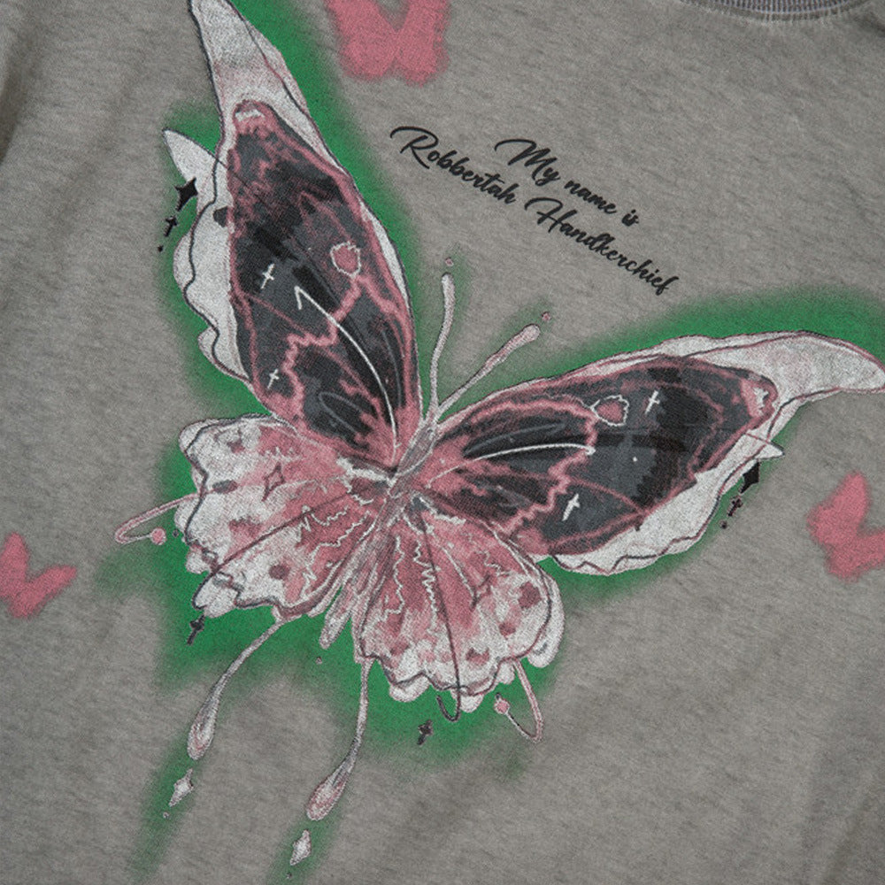 Men Long Sleeve T-Shirt Butterfly Print Distressed and Dirty