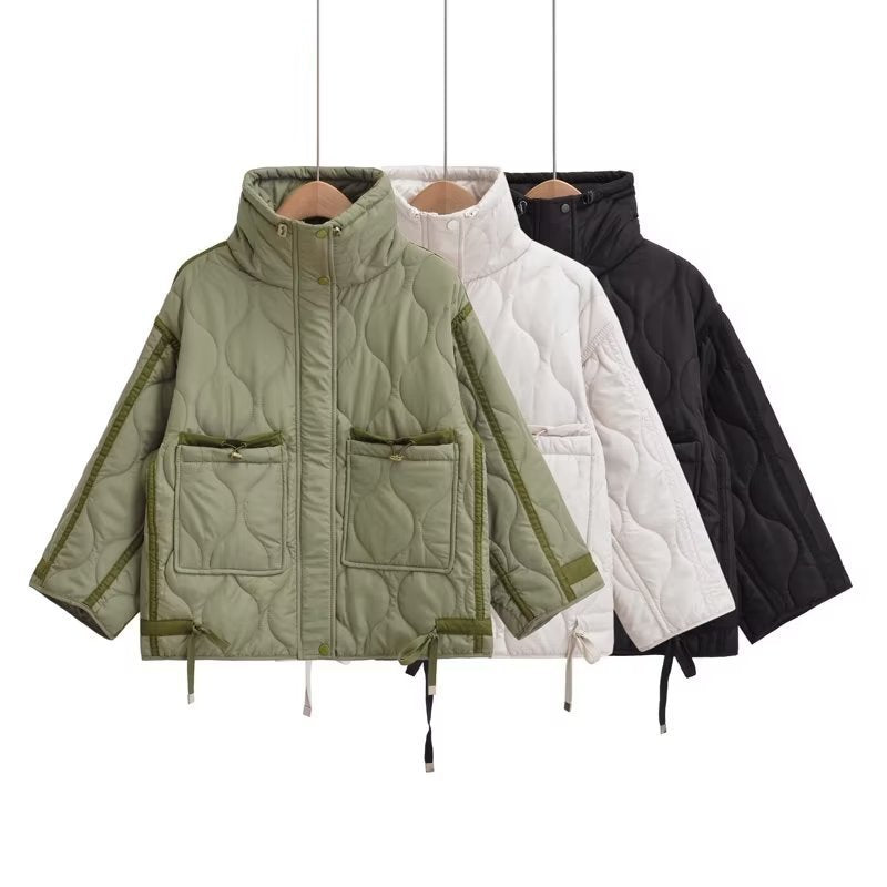 Women Cotton Coat Loose Lapel Diamond Plaid Jacket