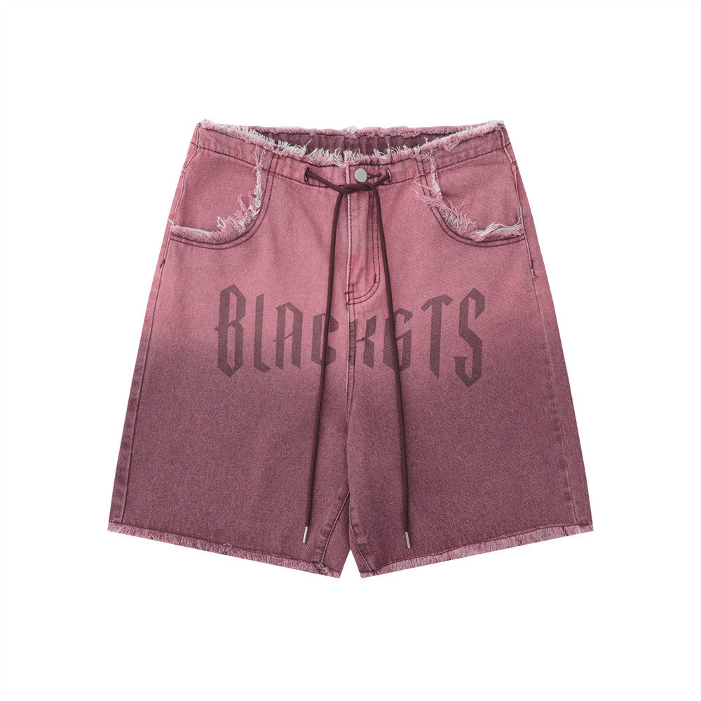 Men Shorts Tie-Dye Gradient Denim Loose Raw Hem