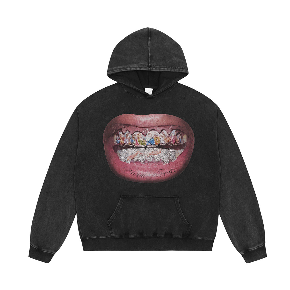 Unisex Hoodies Saint Michael Big Mouth Pattern Made Old Hoodie