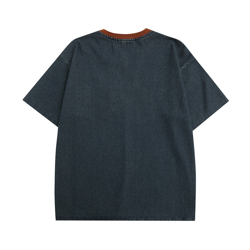 Men T-shirt Retro Street Embroidered Short-Sleeved T-shirt