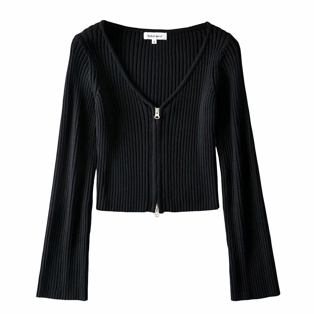 Women Sweater Knit Wear Spring and Autumn Double Zipper Knitted Cardigan Jacket