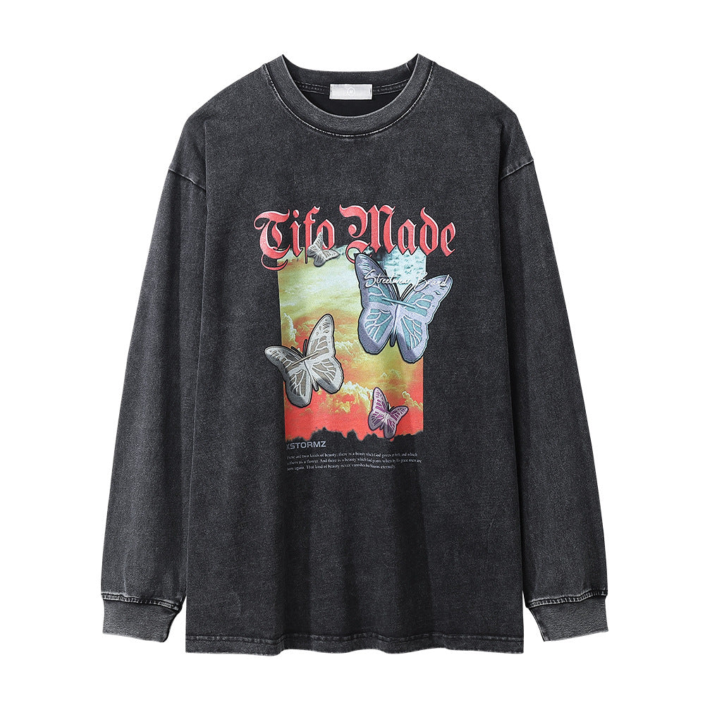 Men Long Sleeve T-Shirt Sunset Butterfly Landscape Pattern Distressed