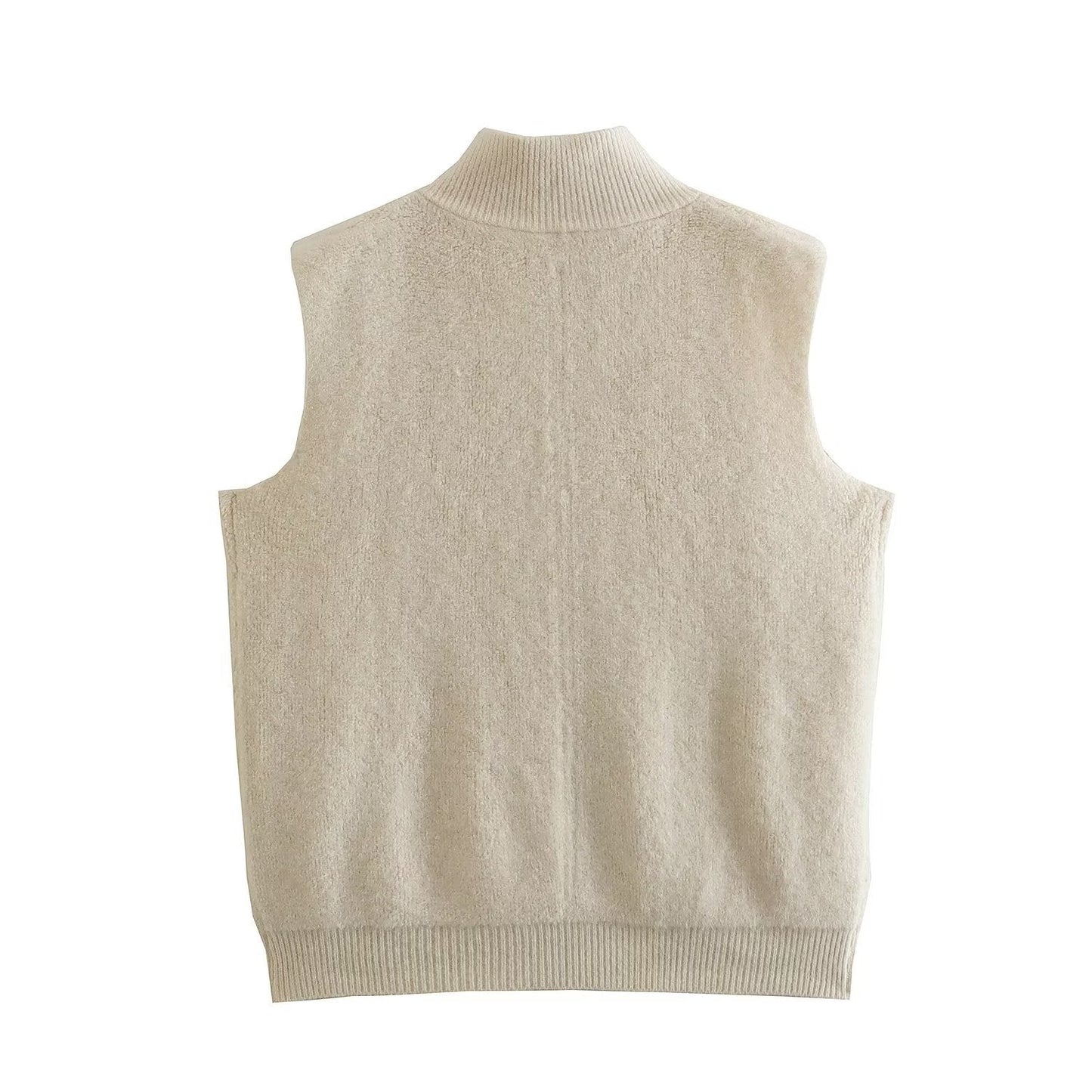 Women Sweater Knitwear Autumn Stand Collar Double Pocket Sleeveless Knit Vest Vest Jacket