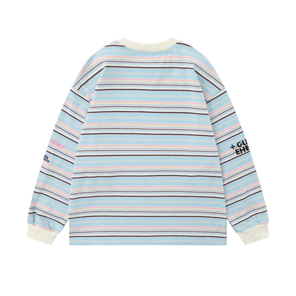 Men Long Sleeve T-Shirt Striped Embroidery