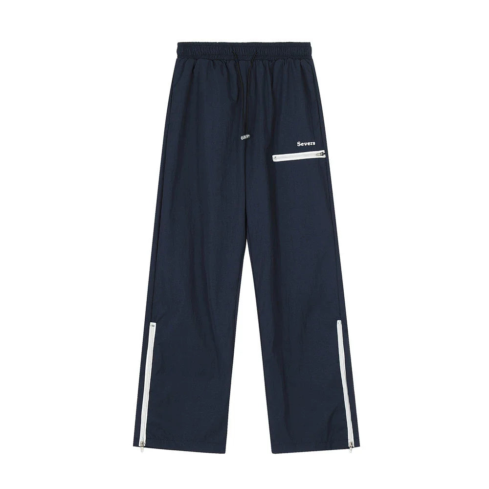 Men Sweatpants Zipper Slit Straight Casual Trousers Breathable Sports Wide-Leg Pants