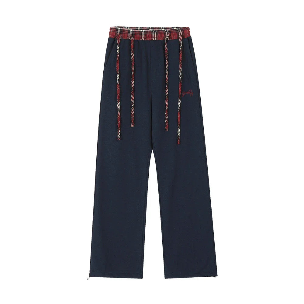 Men Sweatpants Straight Casual Pants Stitching Loose Long Sports Pants Elastic Waist Sports Drawstring Ankle Banded Pants