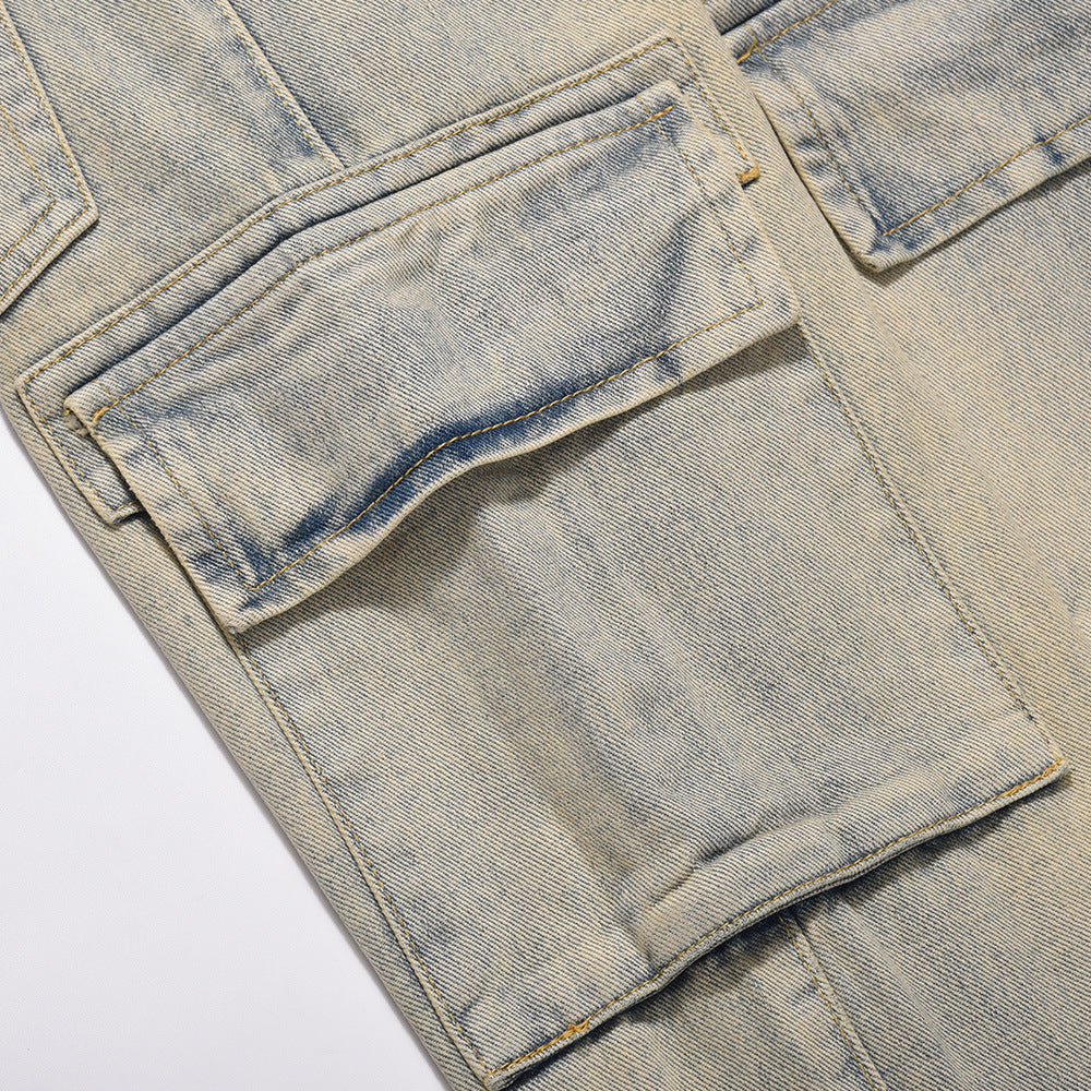 Men Jeans Multi-Pocket Loose Distressed Straight Casual
