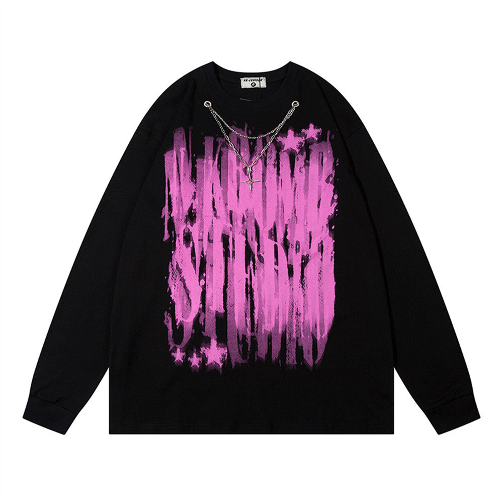 Men Long Sleeve T-shirt Graffiti Printing Chain Decoration
