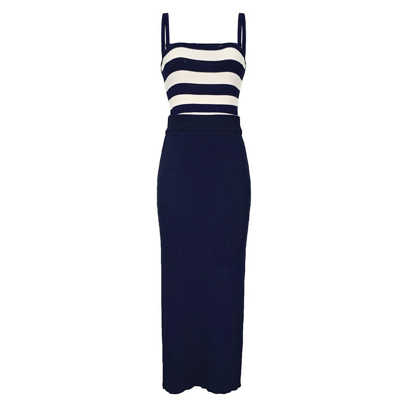 Women Vest Suspenders Knit Two-Piece Suit Striped Vest Skirt