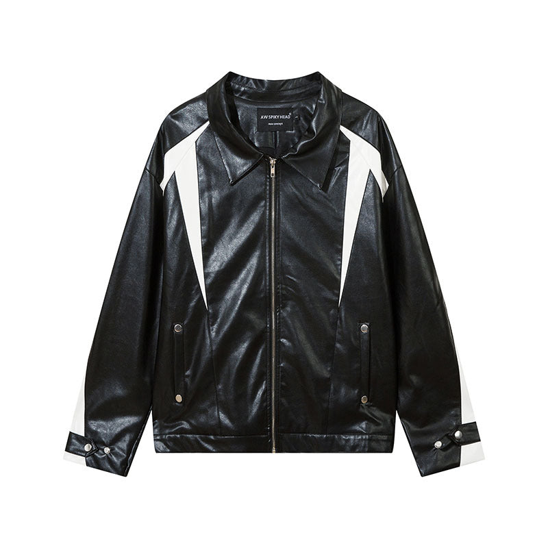 Women Jackets PU Leather Color Contrast Patchwork Motorcycle Jacket Vintage