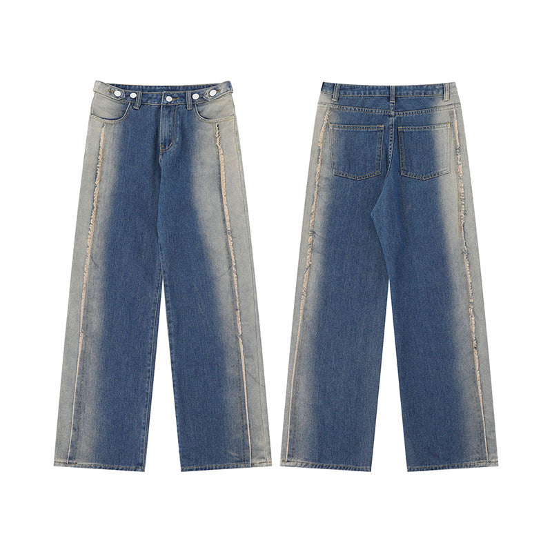 Men Jeans Washed Burr Straight Wide Leg Jeans Men's and Women's Denim Trousers