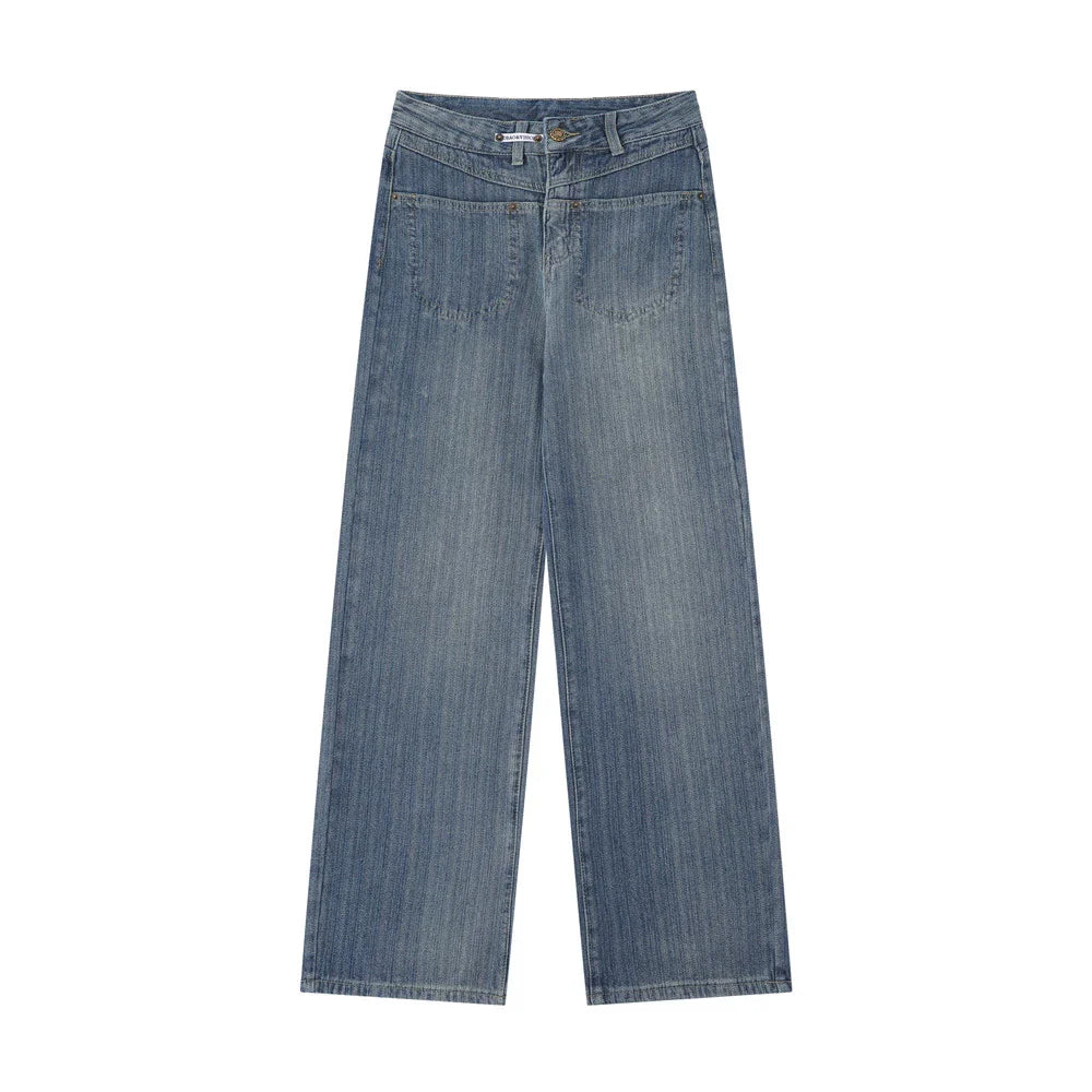 Women Pants Straight Jeans Loose Pockets Casual Trousers