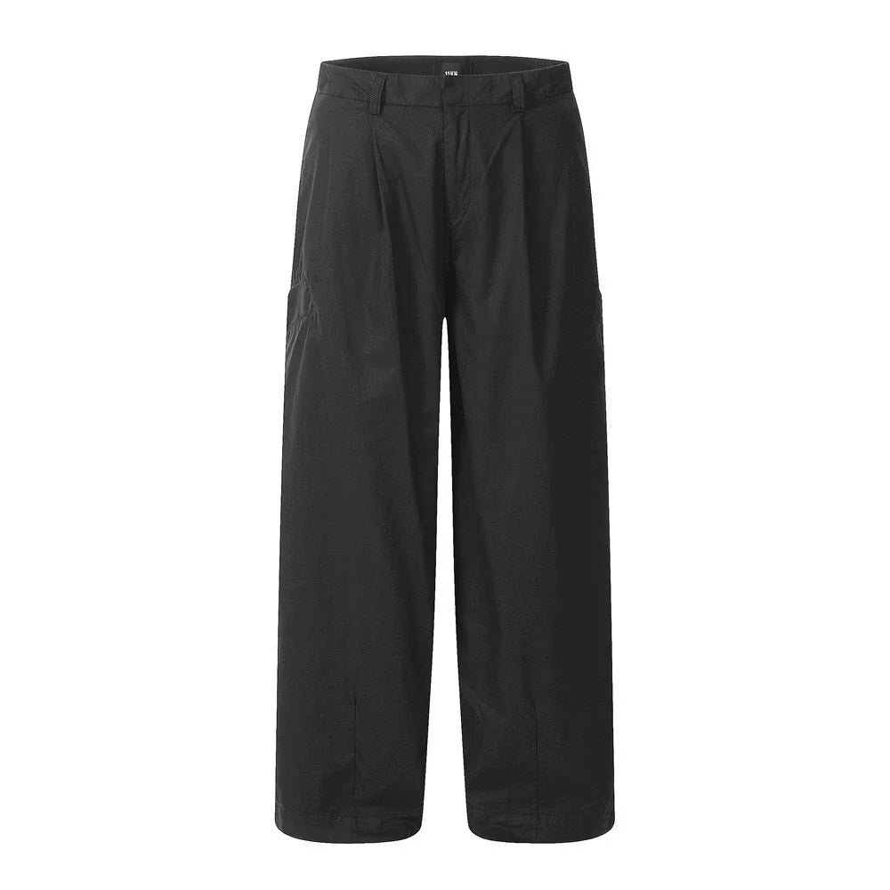Men Sweatpants Straight Casual Pants Loose Wide Leg Pants Solid Color Pocket Decorative Trousers