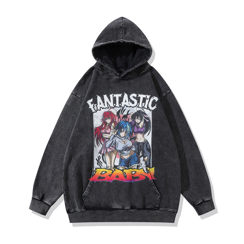 Men Hoodie Washed Cartoon Hooded Sweatshirt Men's and Women's Vintage Top