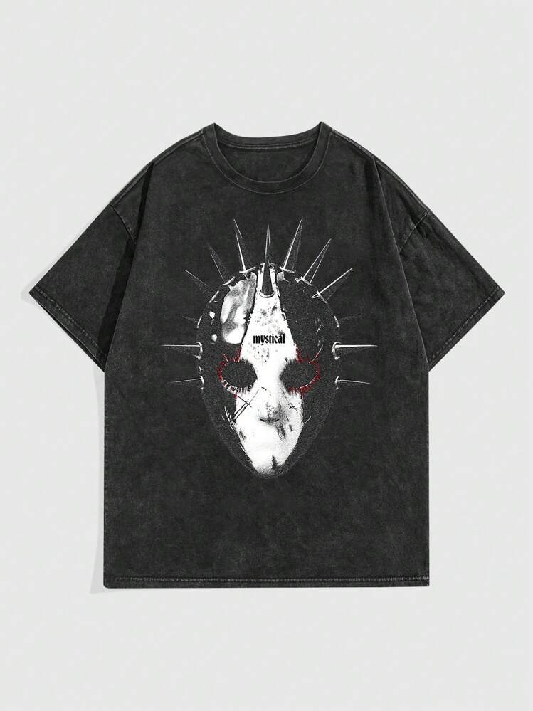 ROMWE Goth Men Mask Print Round Neck Short Sleeve T-Shirt