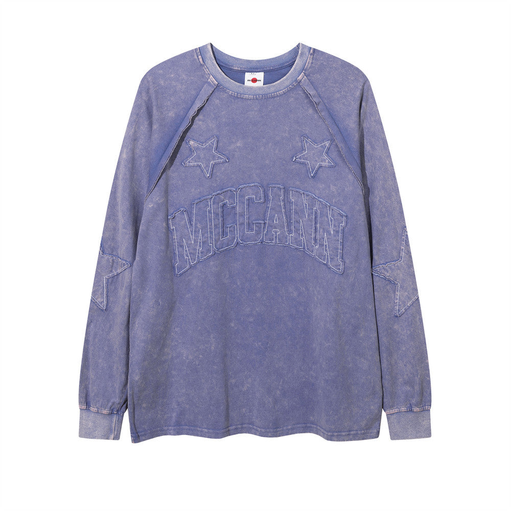 Men Long Sleeve T-Shirt Old Washing Water Paste Cloth Embroidery Five-Pointed Star