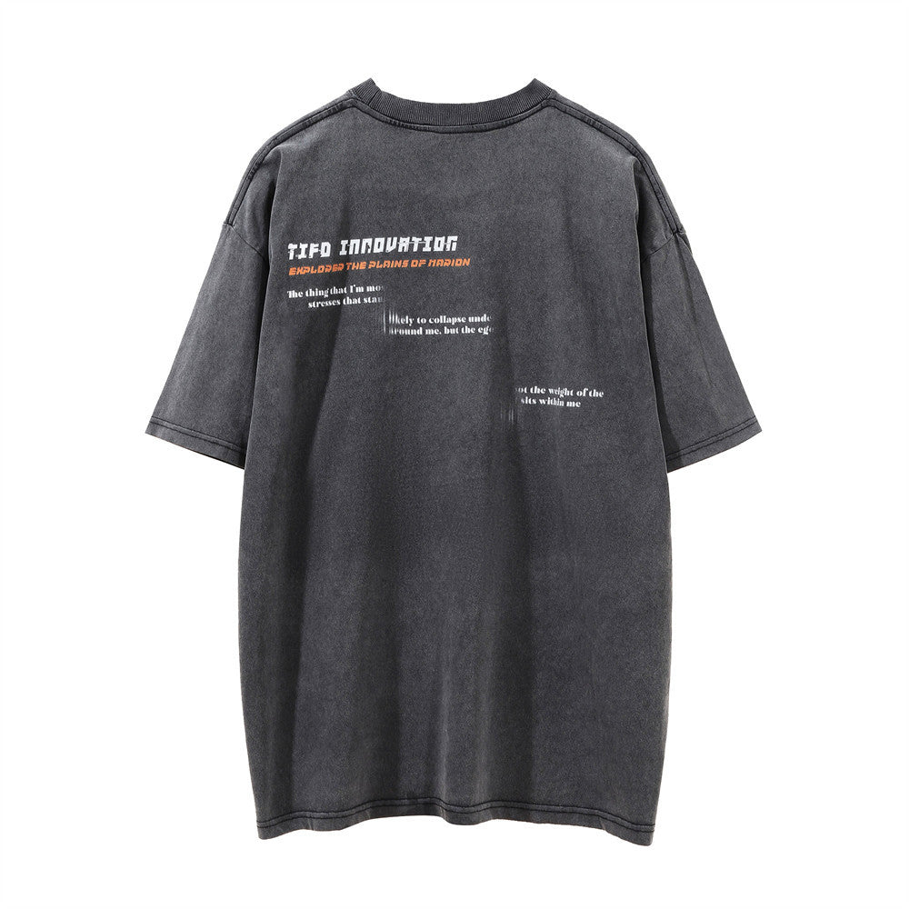 Men Vintage T-Shirt Printed Short-Sleeved T-shirt Men's Street Washed Distressed round Neck Summer Loose