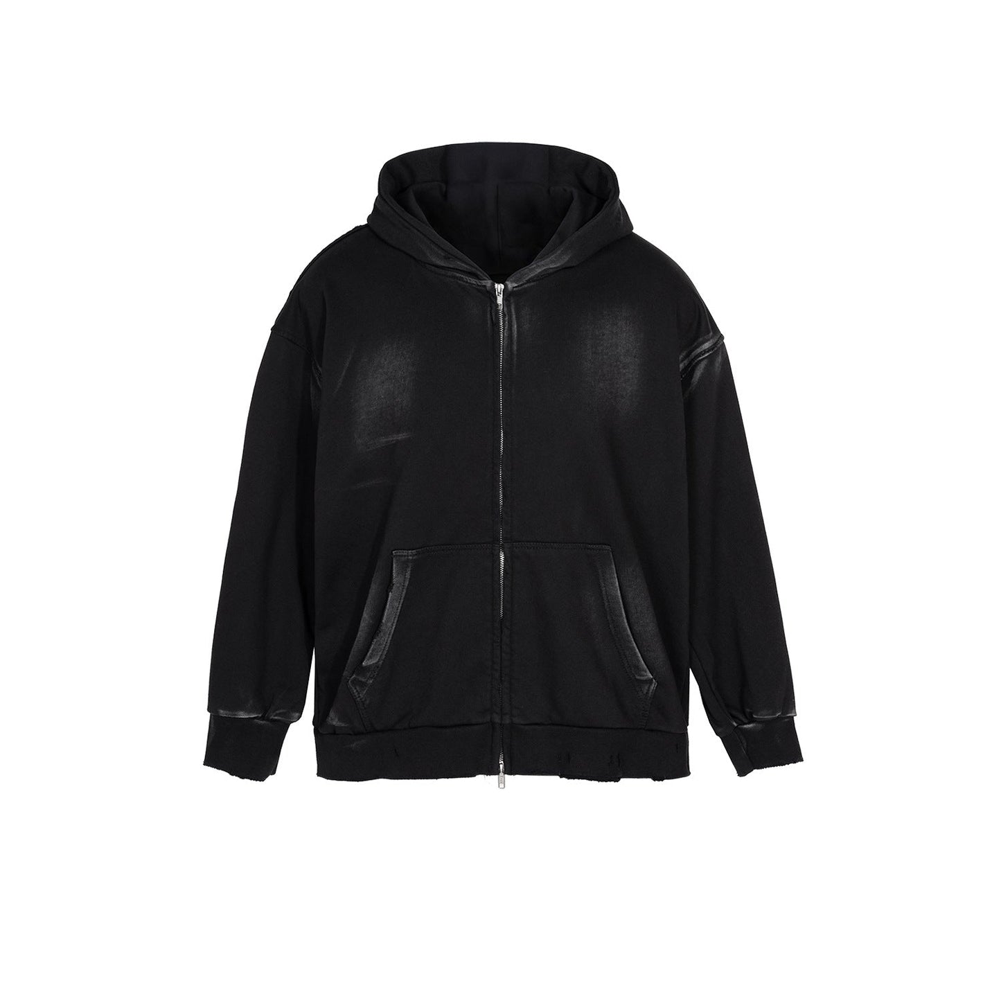 MIJKO Mens Jacket Two-way Zipper Distress Hooded Sweater