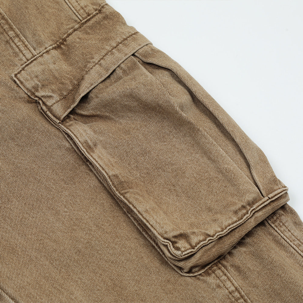 Men Jeans Multi-Pocket Workwear Loose Distressed Stitching
