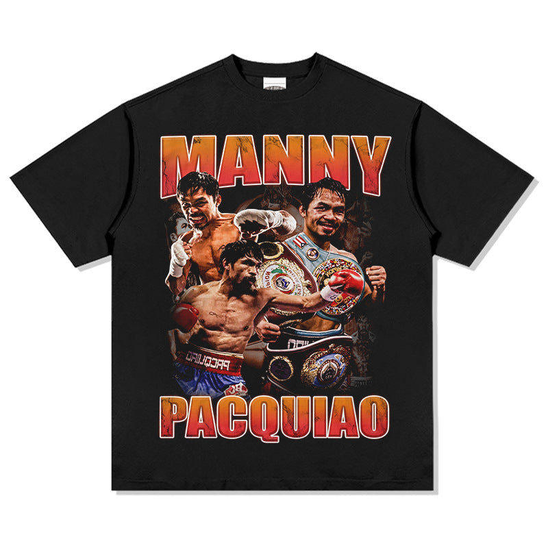 Mens Vintage Boxer T-Shirt Manny Pacquiao Pac Men Printed Short Sleeve T-Shirt Washed Top