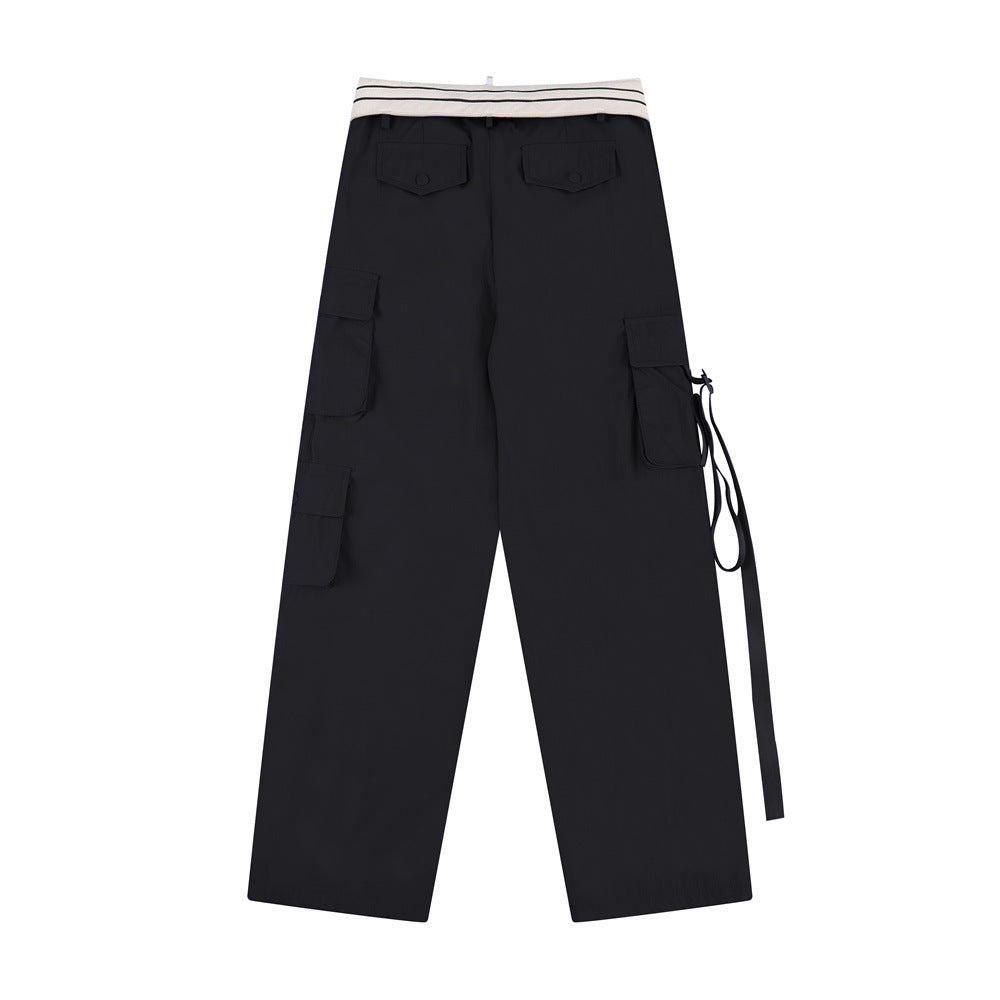 Men Sweatpants Loose Multi-Pocket Streamers Wide Leg Casual Trousers