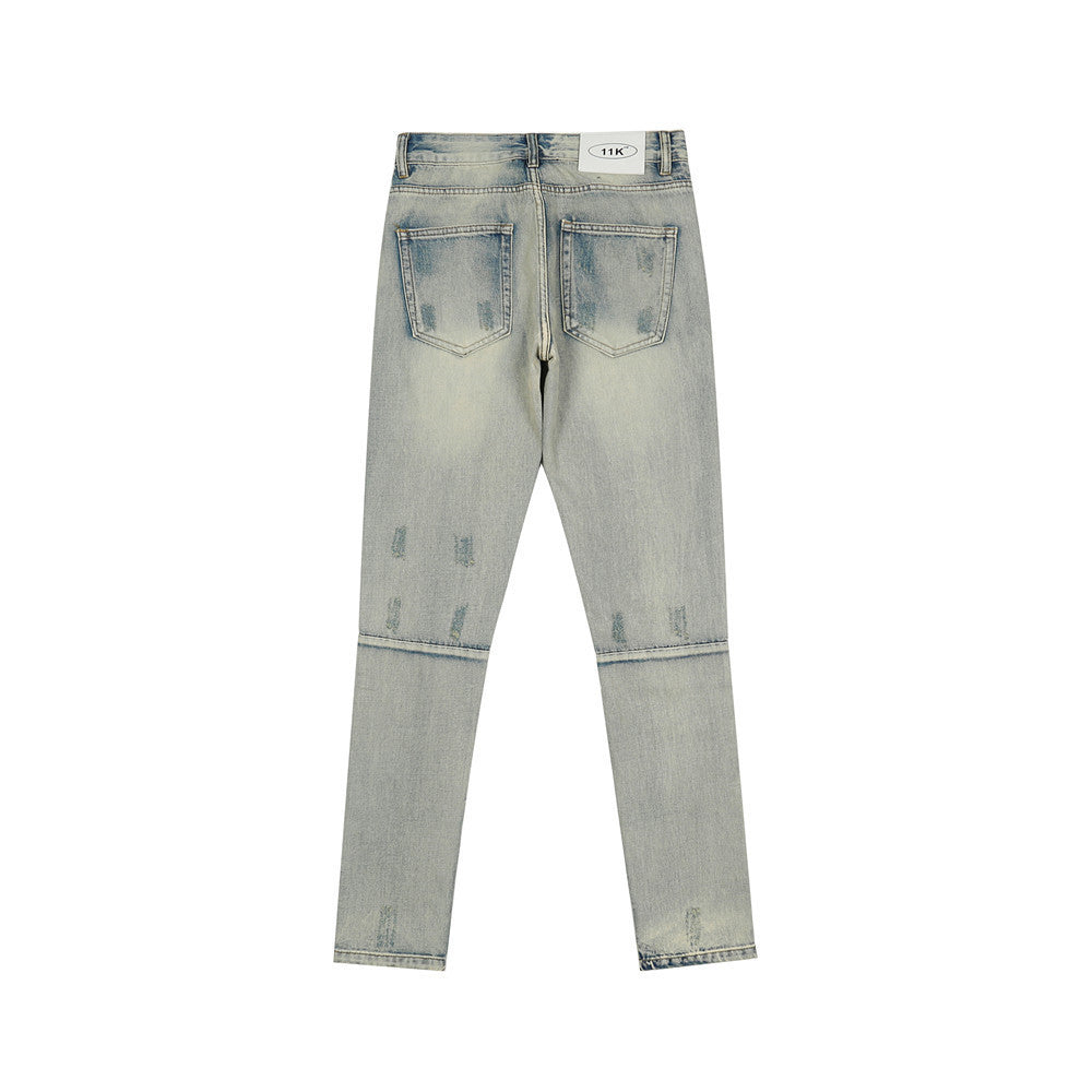 Men Jeans Hole & Patch Washed Worn Jeans Men's Zipper Split Casual Tights Trendy Slim Fit Skinny Pants