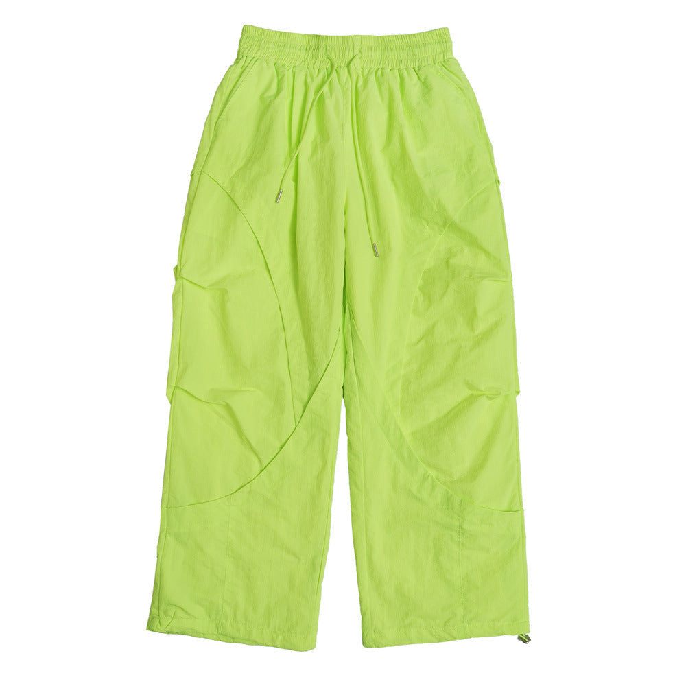 Men Sweatpants Quick-Drying Double-Layer Mesh Lining Thin Casual Trousers Stitching Solid Color Pleated Drawstring Ankle Banded Pants
