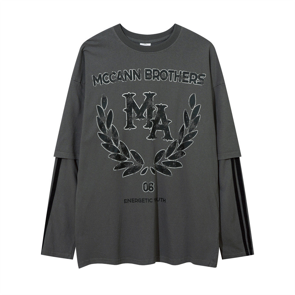 Men Long Sleeve T-Shirt Stitching Fake Two-Piece Loose Top