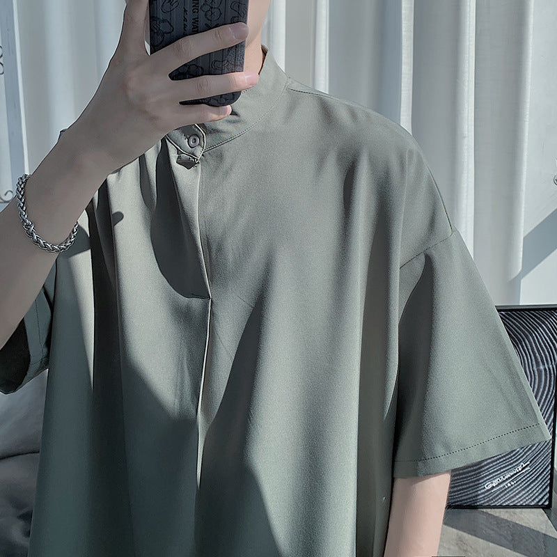 Men Shirts Solid Color Loose Summer Ice Silk