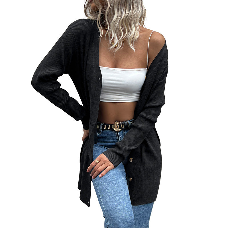 Women Knitted Sweater Autumn and Winter Leisure Jacket Long-Sleeved Black Sweater Cardigan