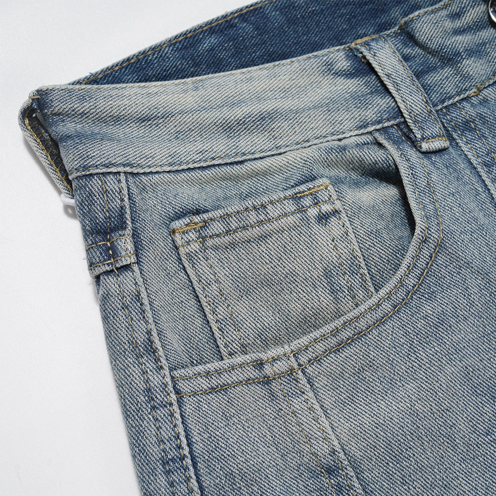 Men Jeans White Distressed Stitching Zipper Slit