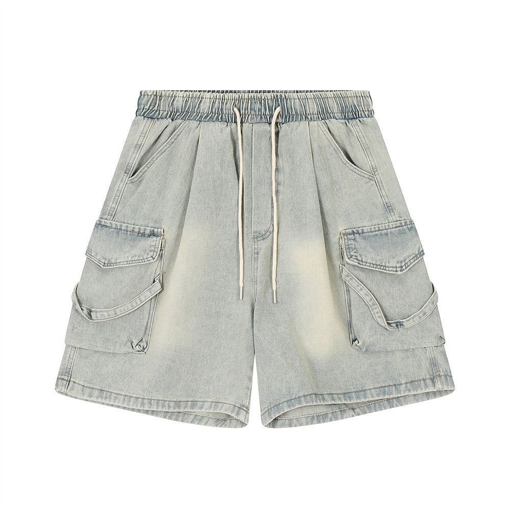 Men Shorts Vintage Denim Shorts Distressed Multi-Pocket