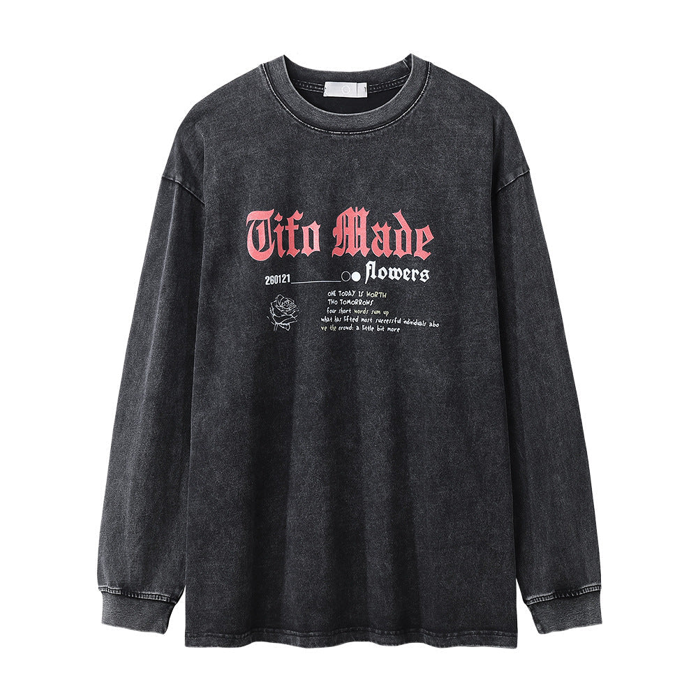 Men Long Sleeve T-Shirt Rose Pattern Loose Distressed Niche