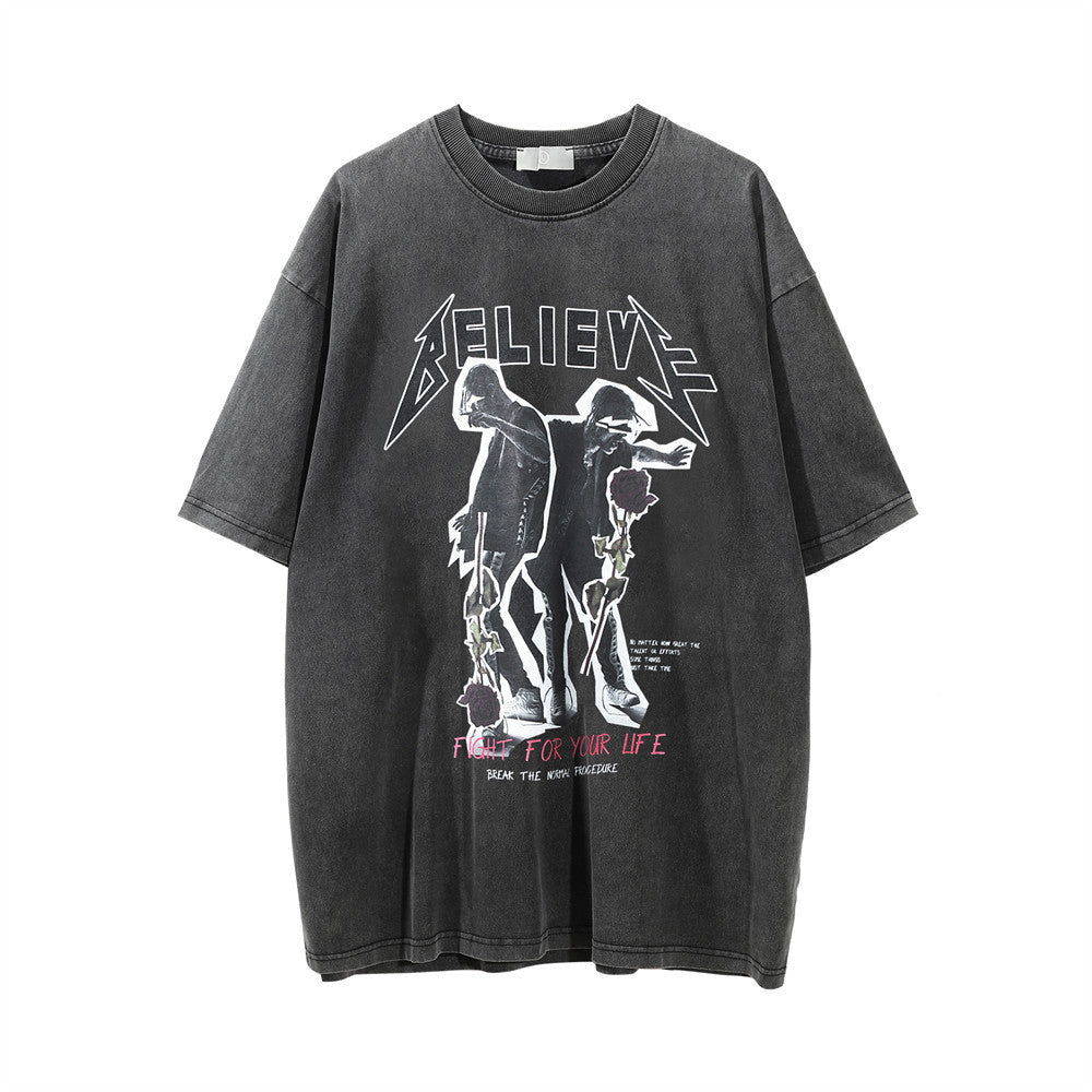 Men Vintage T-Shirt T-shirt Men's Loose Distressed Wash Crew Neck T-shirt Casual