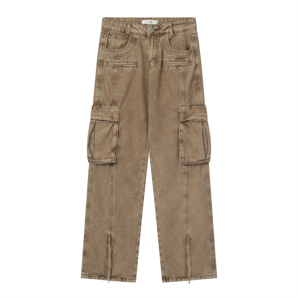 Men Jeans Multi-Pocket Workwear Loose Distressed Stitching