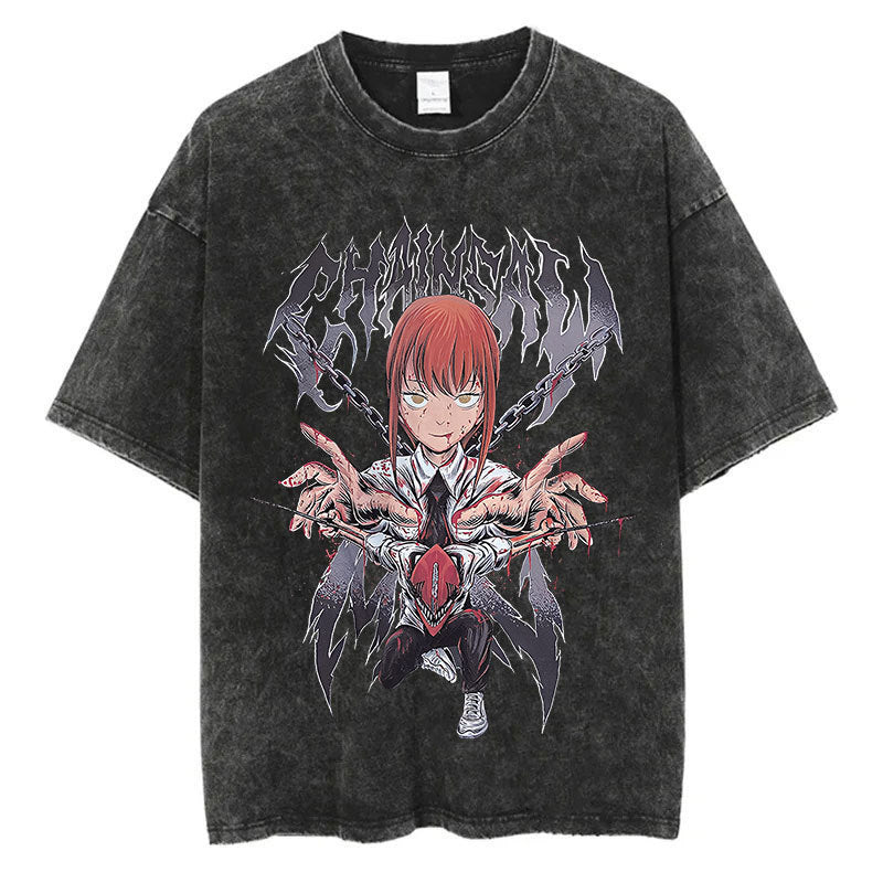 Anime Chainsaw Men Washed Tshirt Retro Hip Hop Streetwear