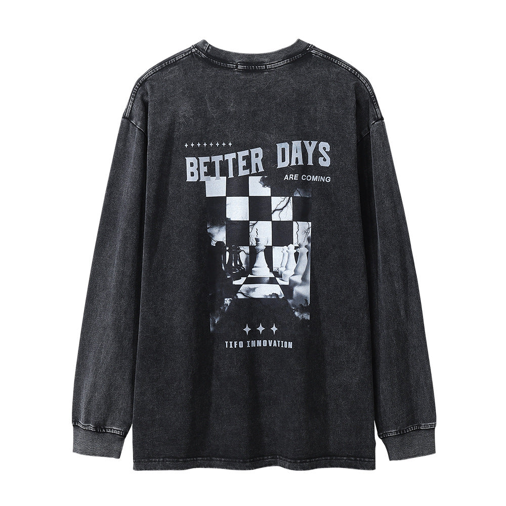 Men Long Sleeve T-Shirt Creative Checkerboard Pattern Distressed