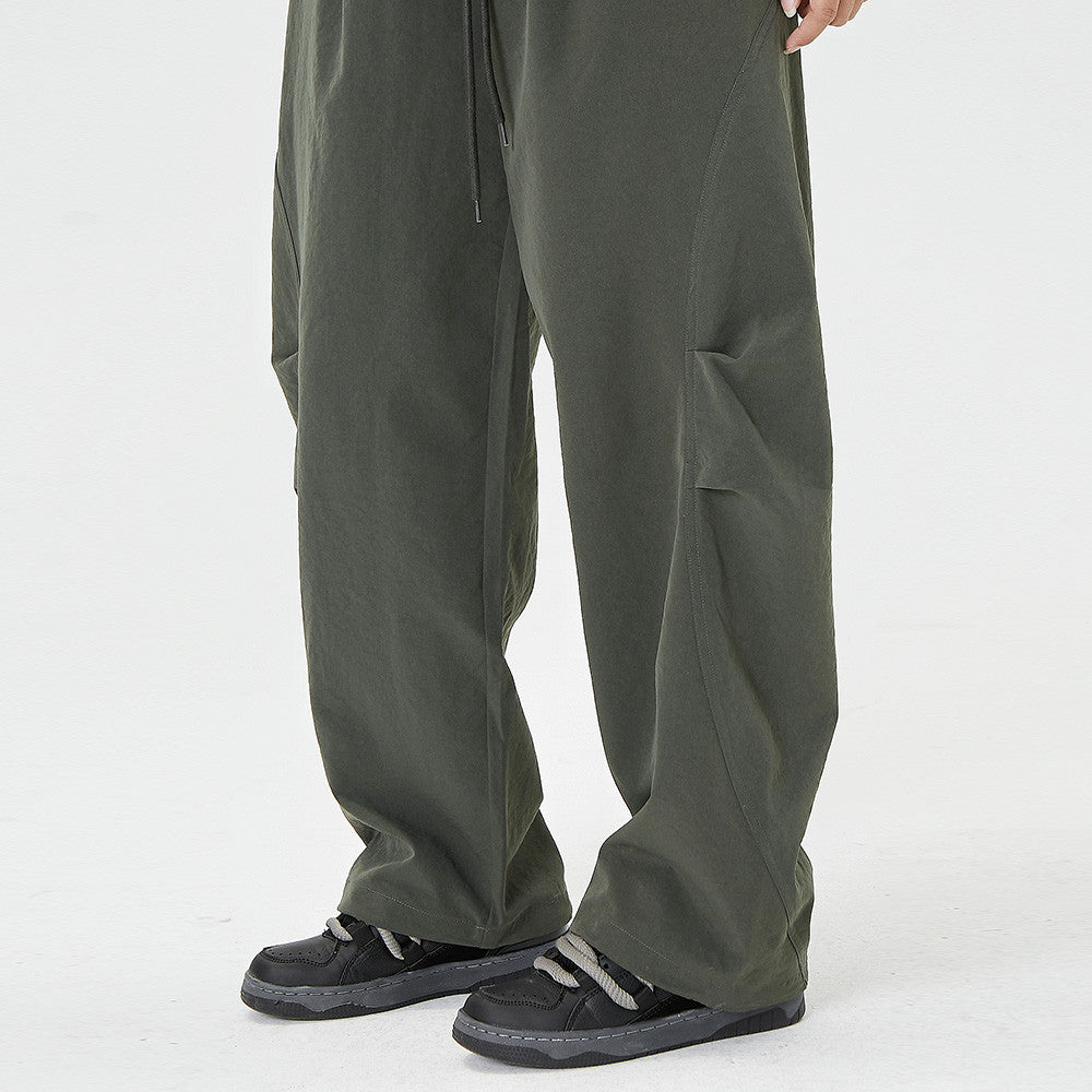 Men Sweatpants Loose-Fitting Wide-Leg Trousers Hip Hop Solid Color Stitching Ruffle Knee Straight Casual Pants