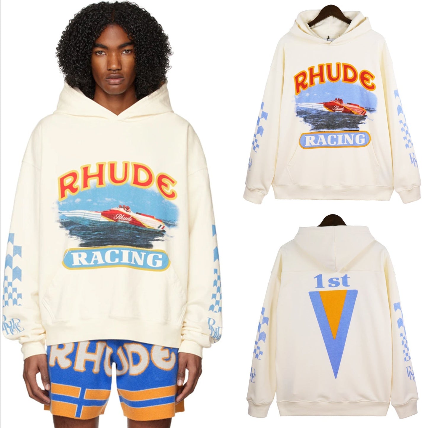 Rhude Hoodie Speedboat Plaid Sleeve Vintage Printed Hooded Sweater Jacket