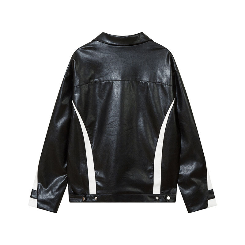 Women Jackets PU Leather Color Contrast Patchwork Motorcycle Jacket Vintage