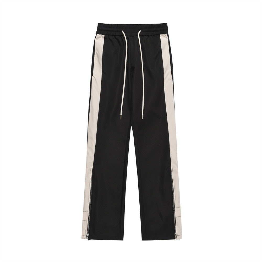 Men Sweatpants Patchwork Contrast Color Straight Casual Pants Elastic Waist Leg Zipper Loose Trousers