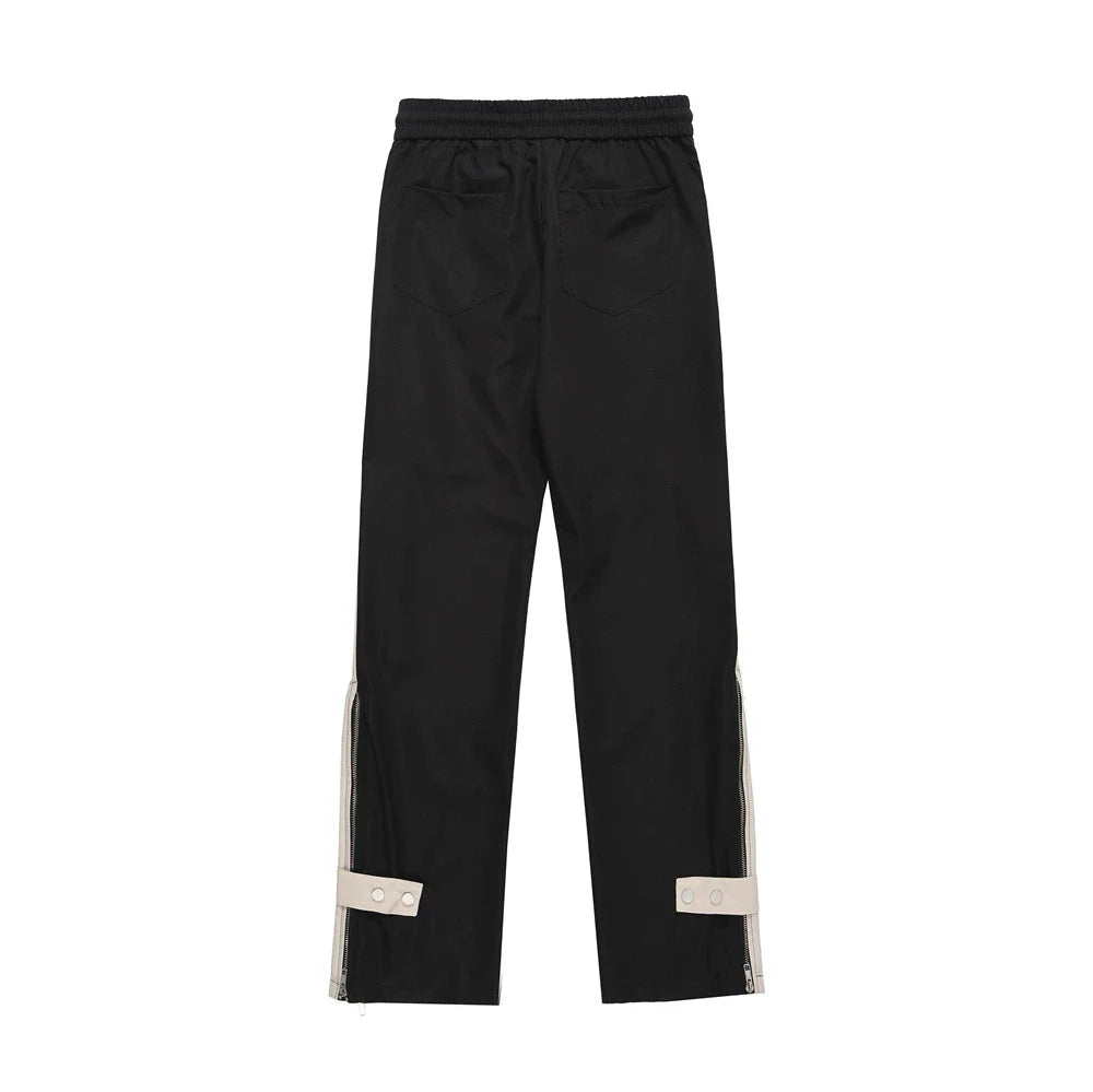 Men Sweatpants Patchwork Contrast Color Straight Casual Pants Elastic Waist Leg Zipper Loose Trousers