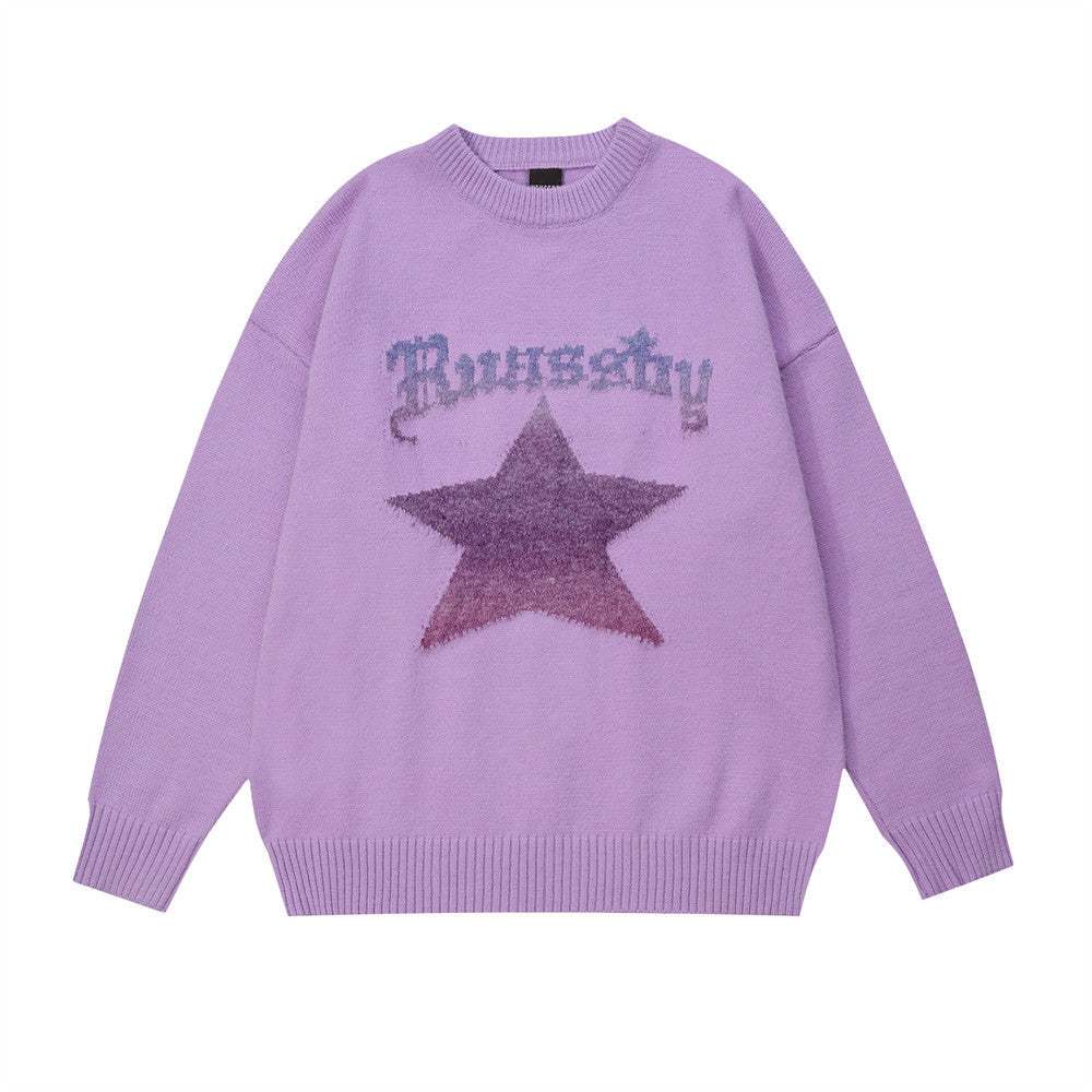 Men Sweater Hip Hop Five-Pointed Star Jacquard round Neck Knitted Shirt