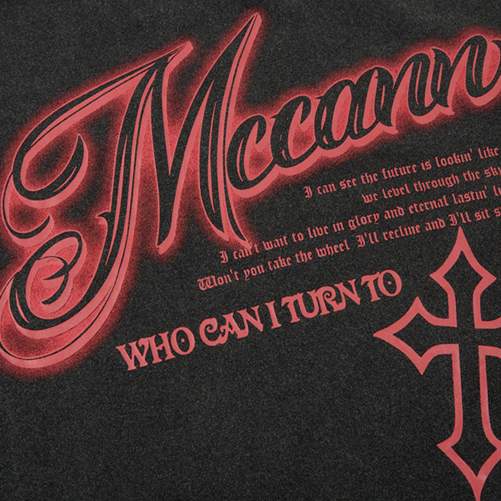 Men Long Sleeve T-Shirt Cross Print Loose Distressed