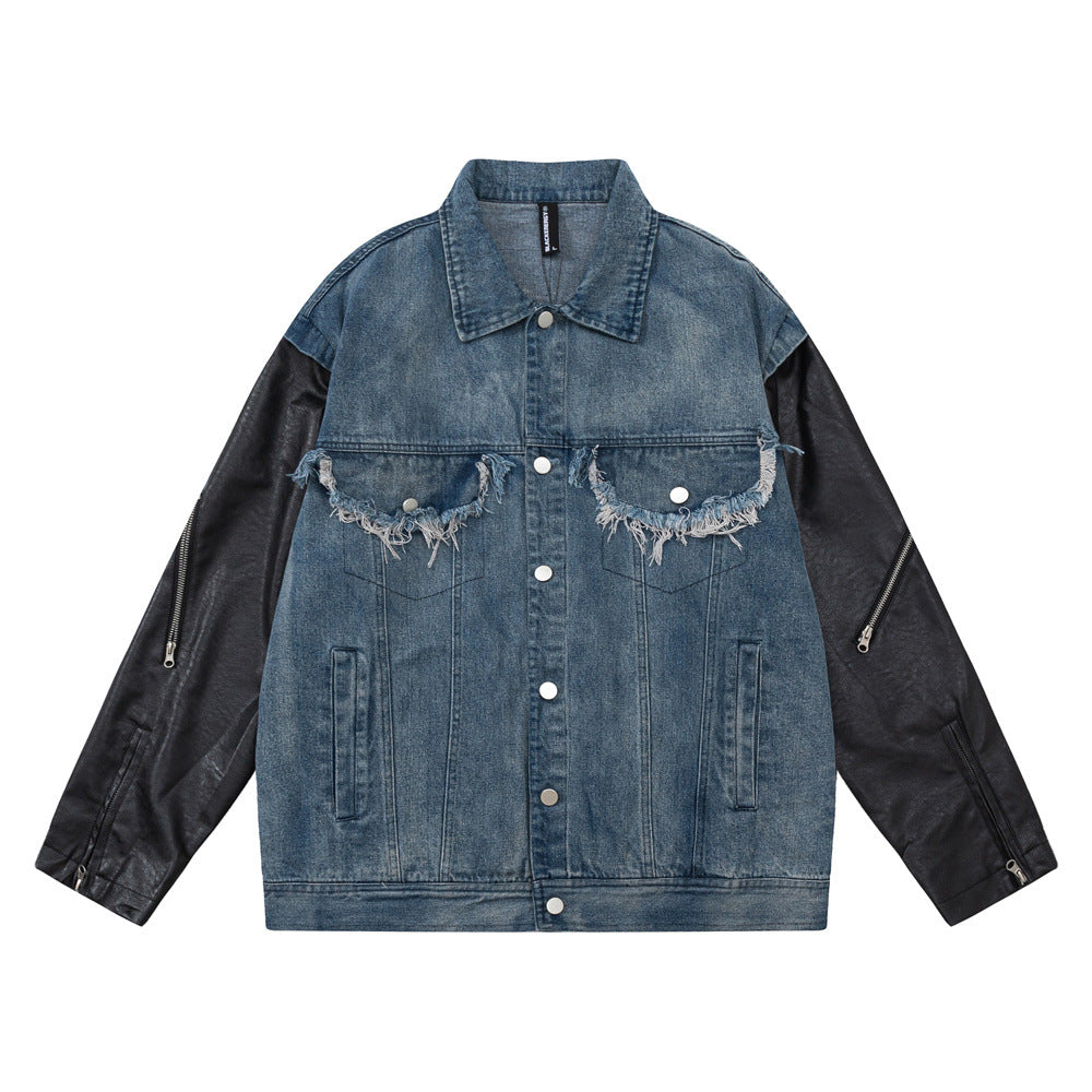 Men Jacket Coat PU Leather Sleeve Denim Jacket Men Lapel Motorcycle Clothing Coat