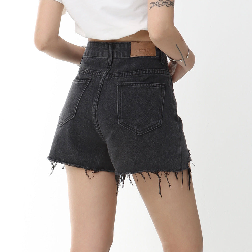 Women Shorts Ripped Burr Black Denim Shorts